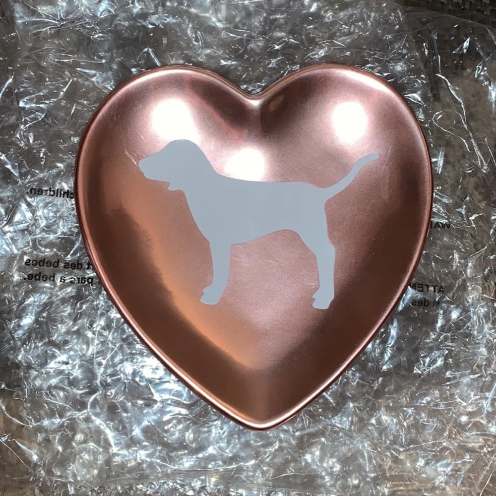 NEW VS PINK Rose Gold Heart Shaped with Dog Logo Trinket Tray Dish.